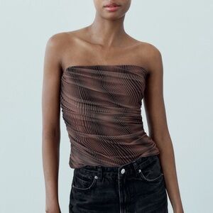 Zara Brown Printed Strapless Tulle Corset Top